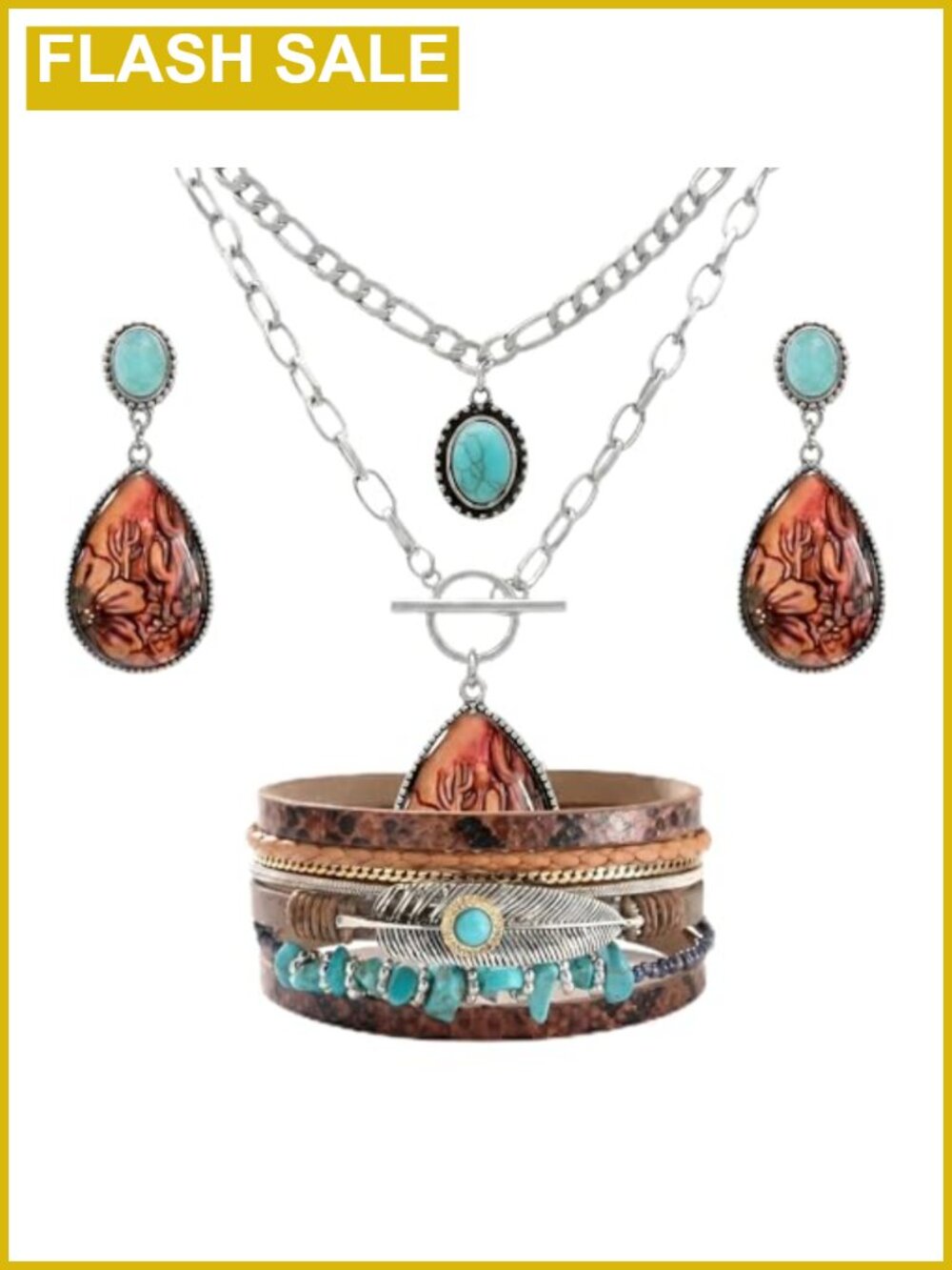 Western Jewelry Set Turquoise Layered Necklace Bracelet Cowgirl Chic